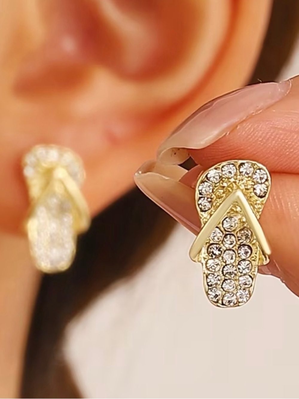 Anthropologie Gold Tone Crystal Flip Flop Stud Earrings Women Jewelry NWOT